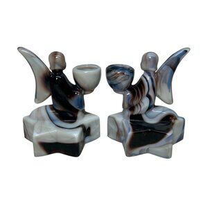 Pair LE Smith Kneeling Angel Candlestick Holder Akro Agate Slag Glass Star Base